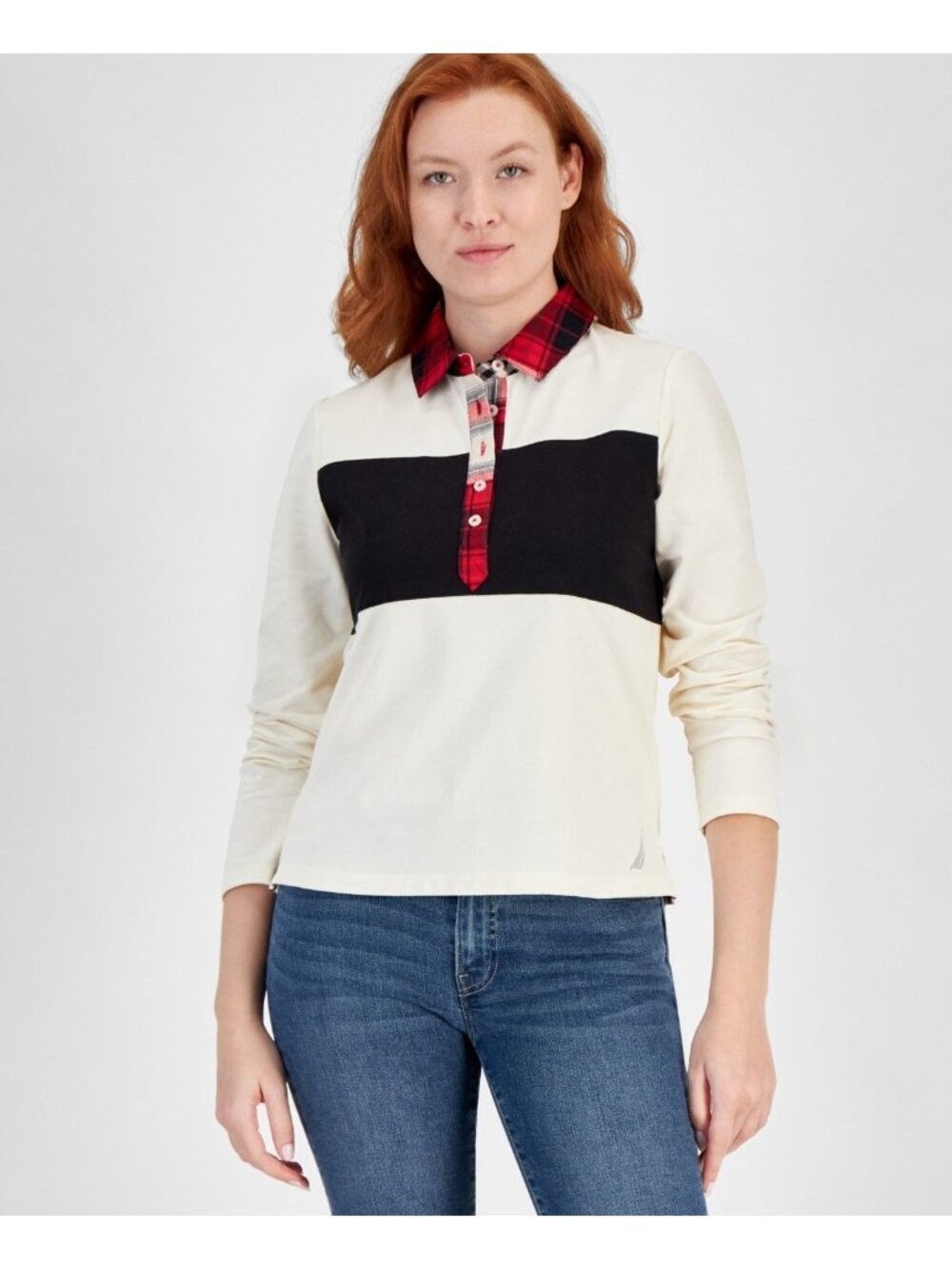 Nautica Jeans Womens Colorblocked Long Sleeve Top White Swan Black Size S NWT